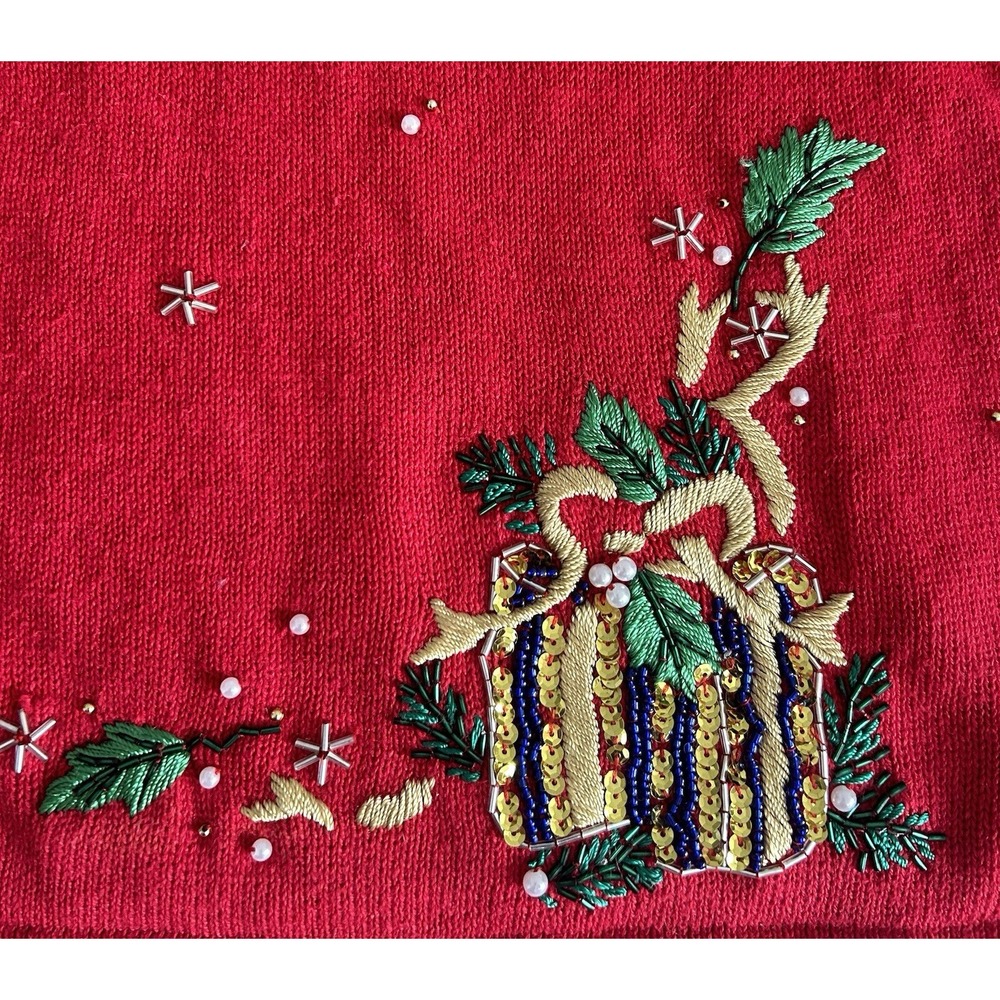 Vtg Victoria Jones Red Christmas Sweater M Beaded Embroidered Festive Scarf - Picture 9 of 14
